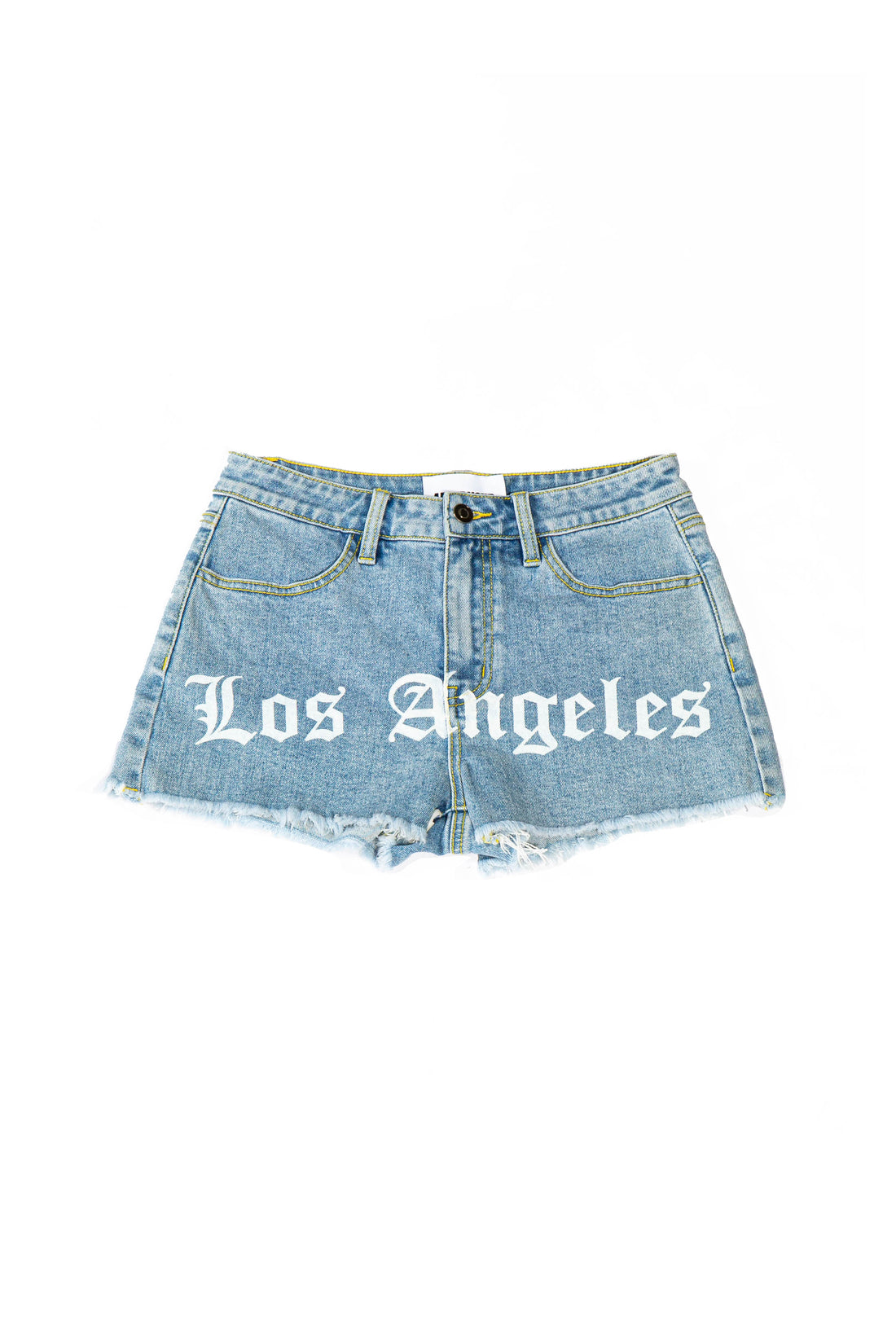 LOS ANGELES PRINTED FRAYED HEM DENIM SHORTS