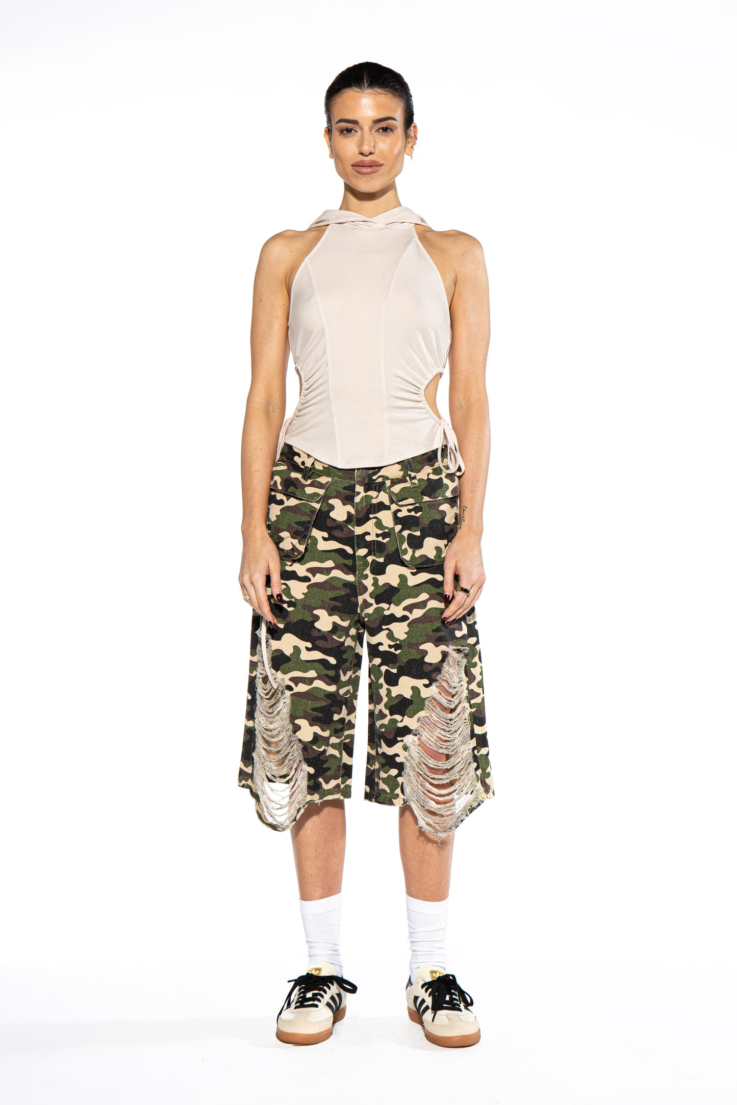 Distressed Camo Oversized Bermuda Shorts