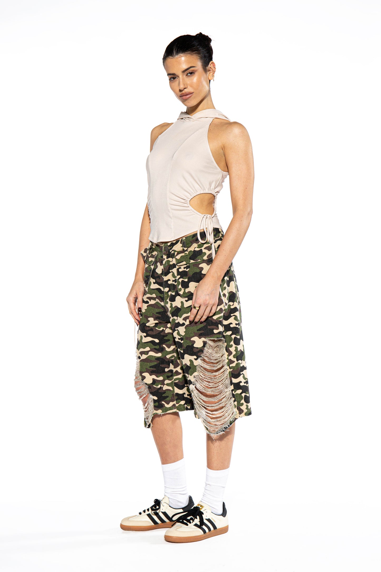 Distressed Camo Oversized Bermuda Shorts