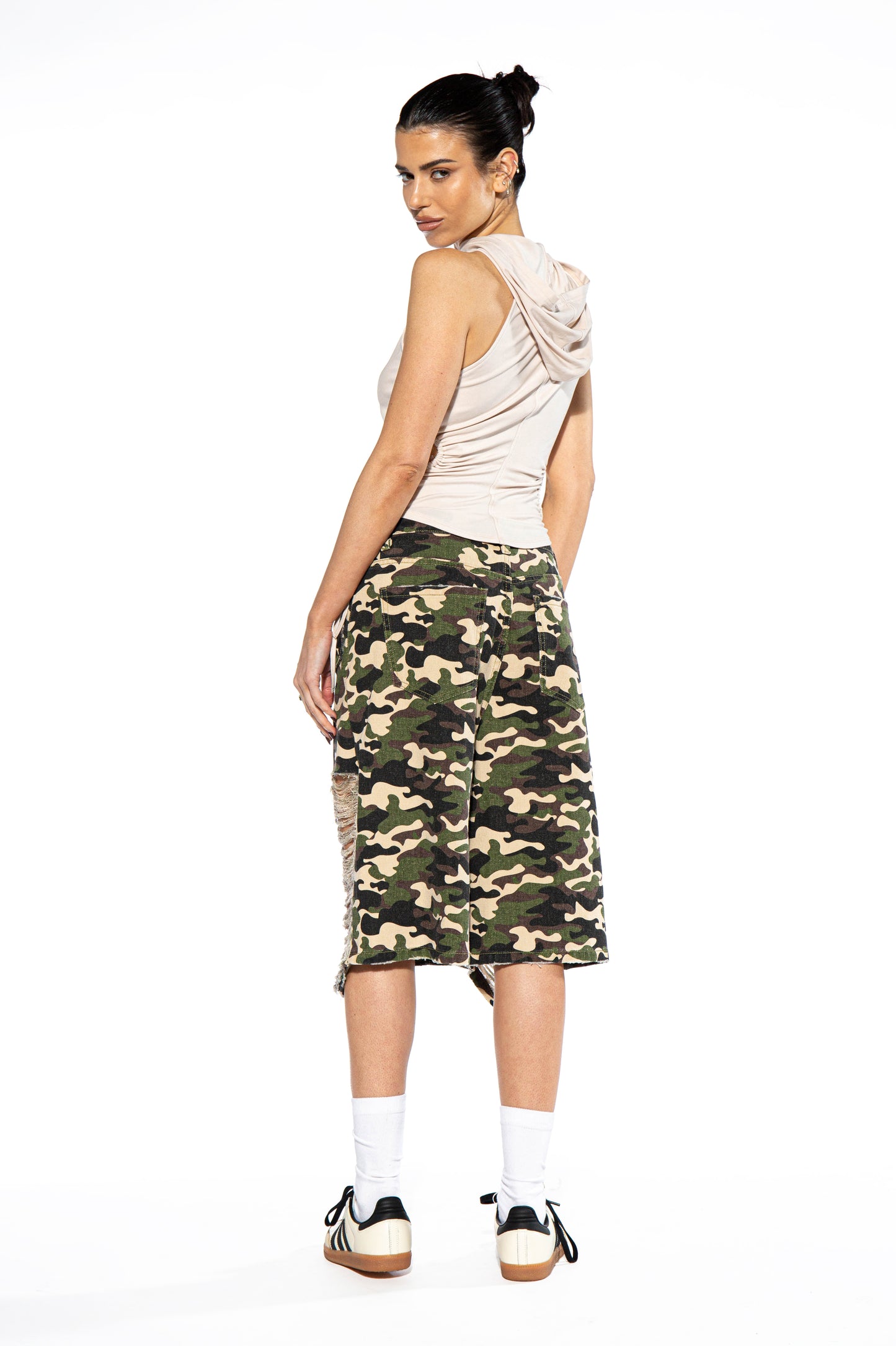Distressed Camo Oversized Bermuda Shorts