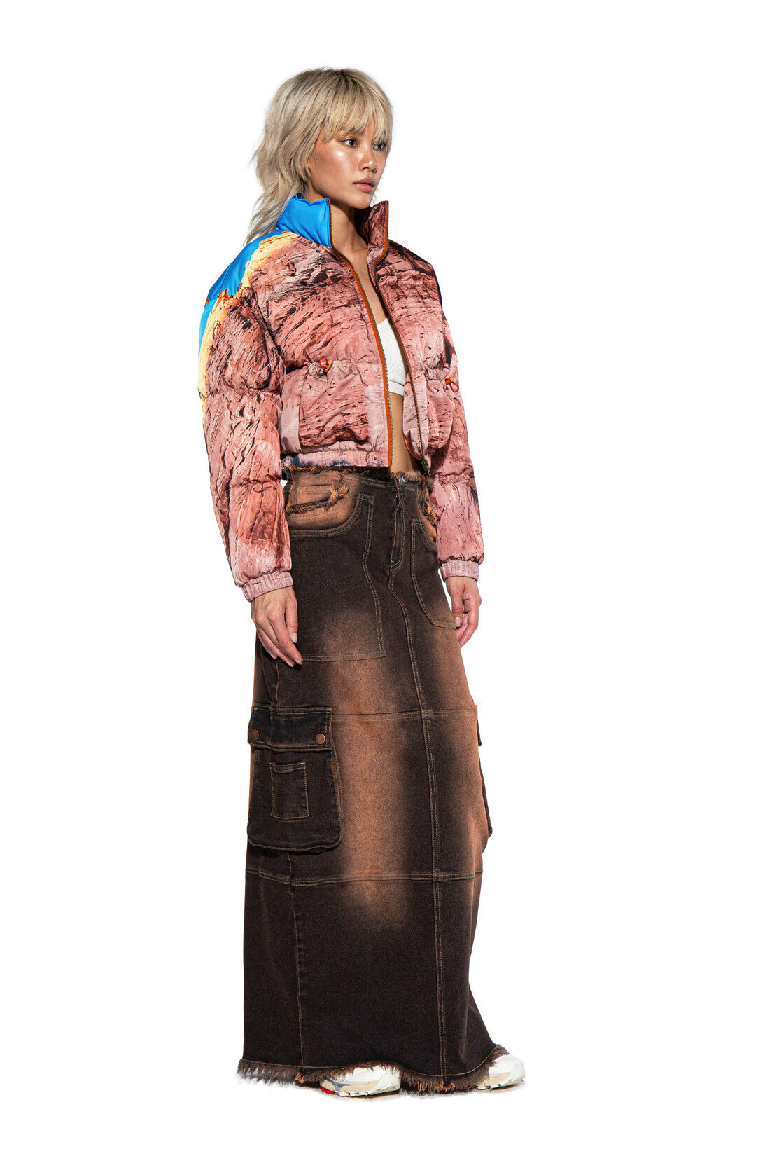 Color Tinted Cargo Denim Maxi Skirt