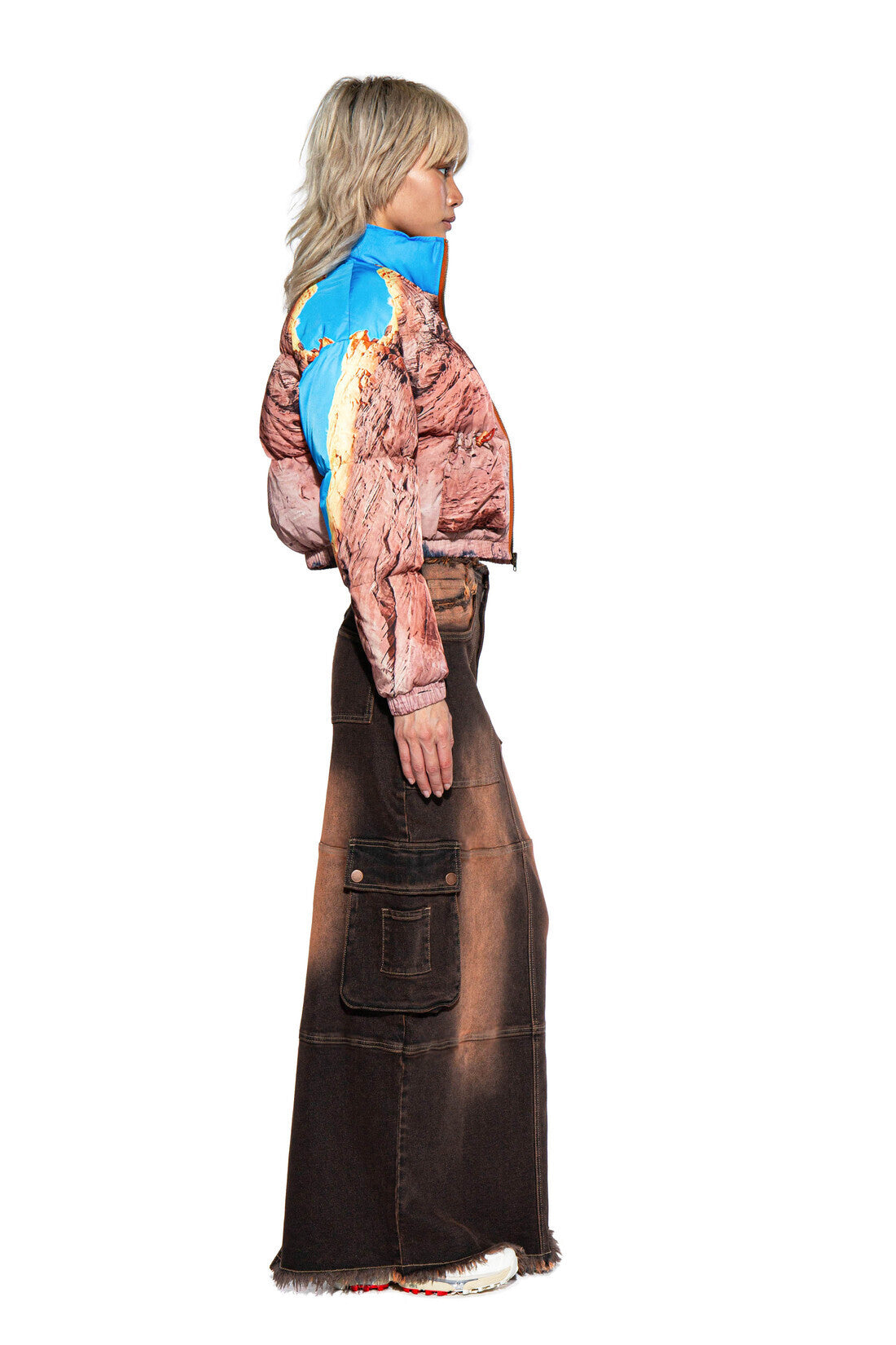 Color Tinted Cargo Denim Maxi Skirt