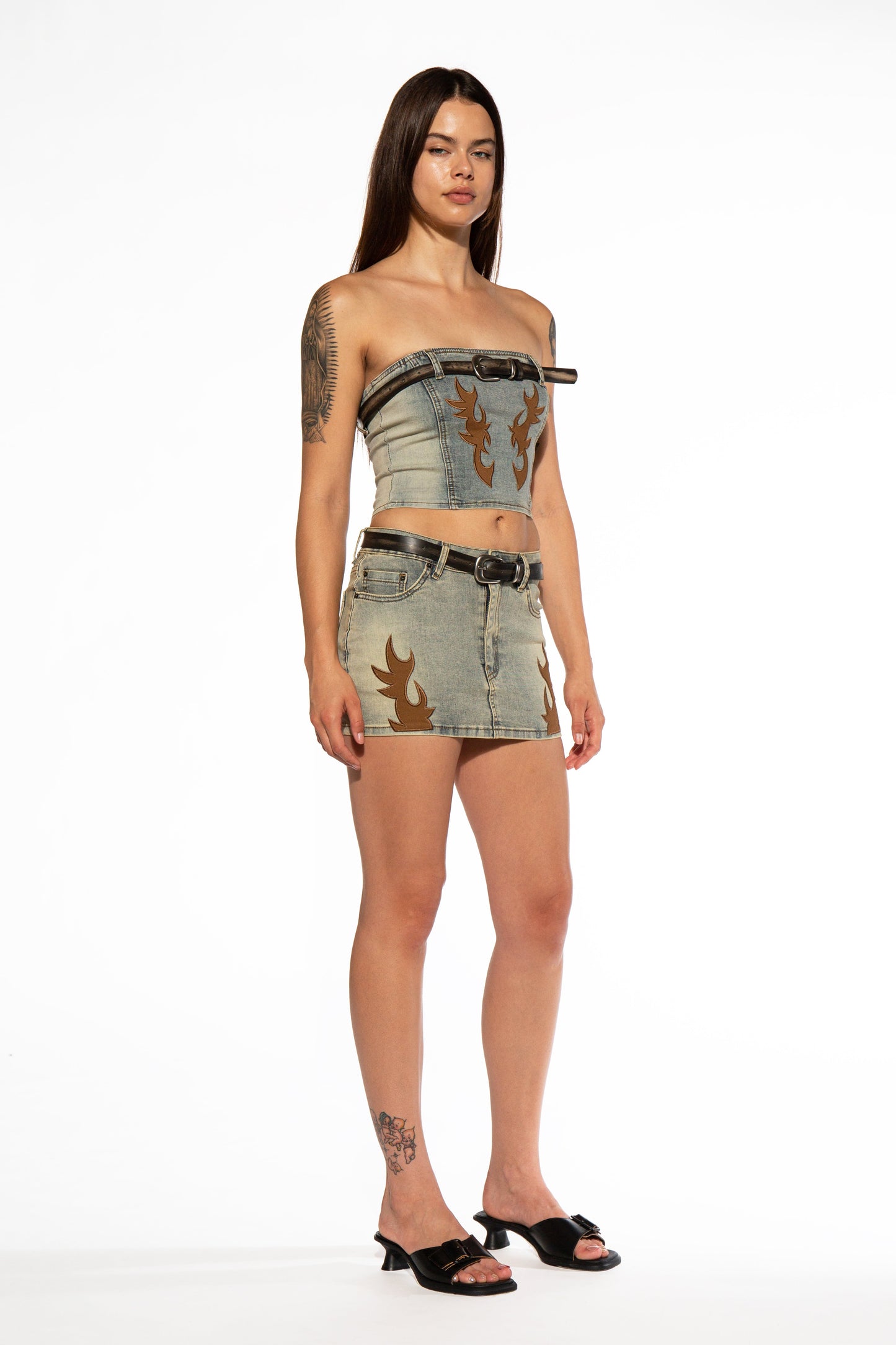 Western Patch Belted Denim Corset Top