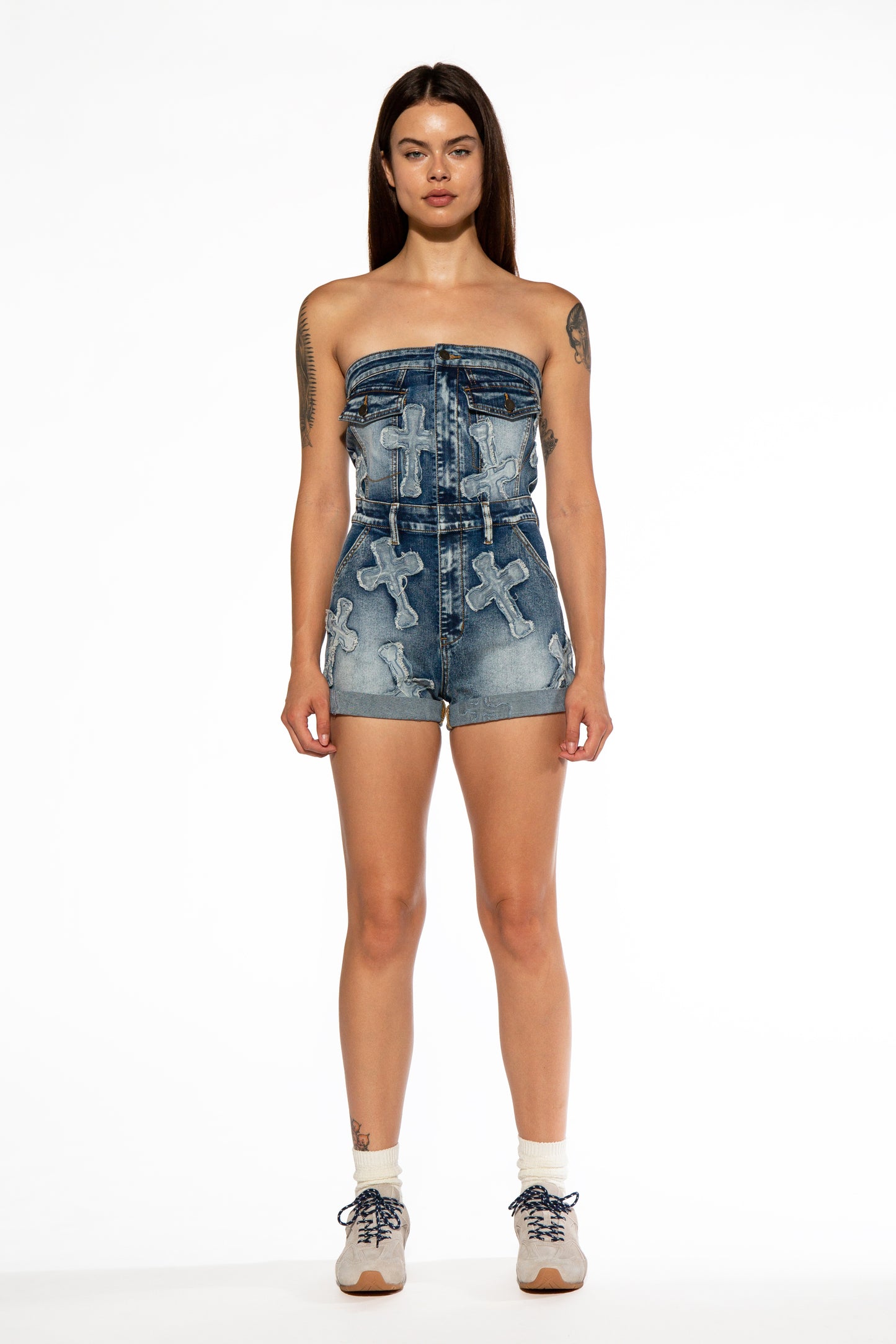 Cross Patch Tube Denim Romper