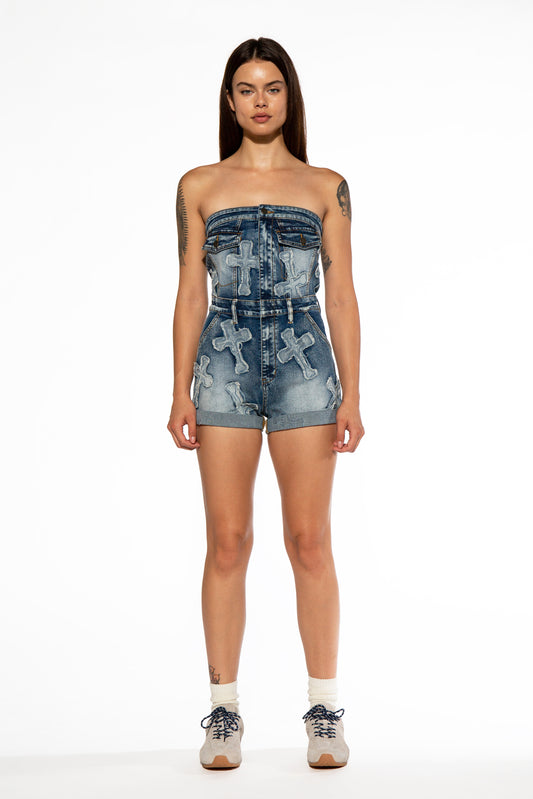 Cross Patch Tube Denim Romper