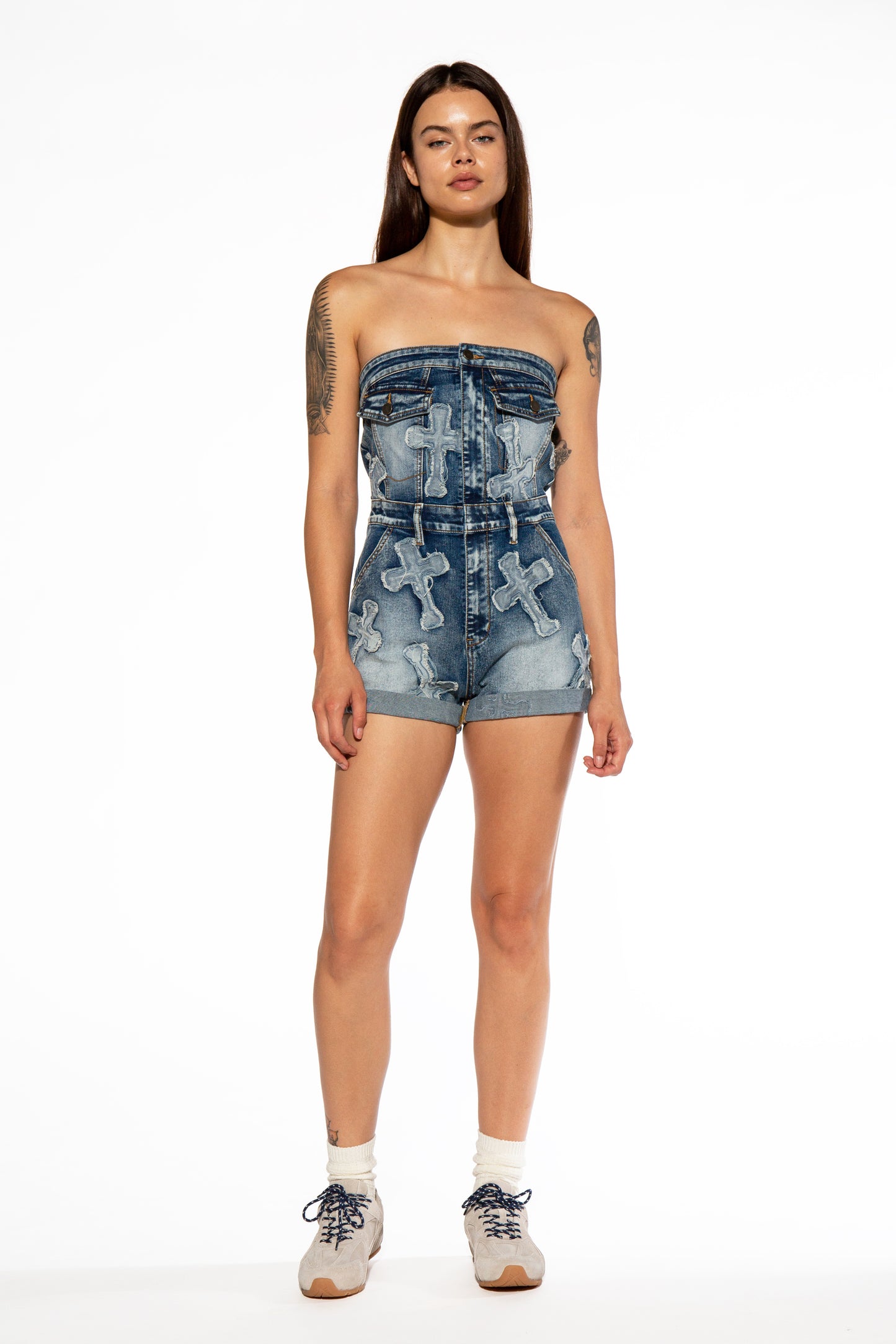 Cross Patch Tube Denim Romper