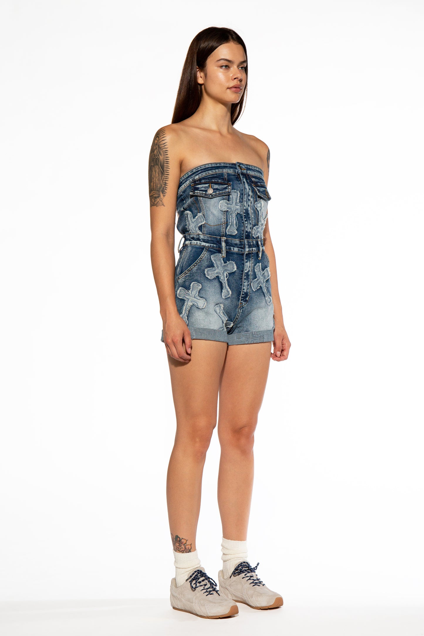 Cross Patch Tube Denim Romper