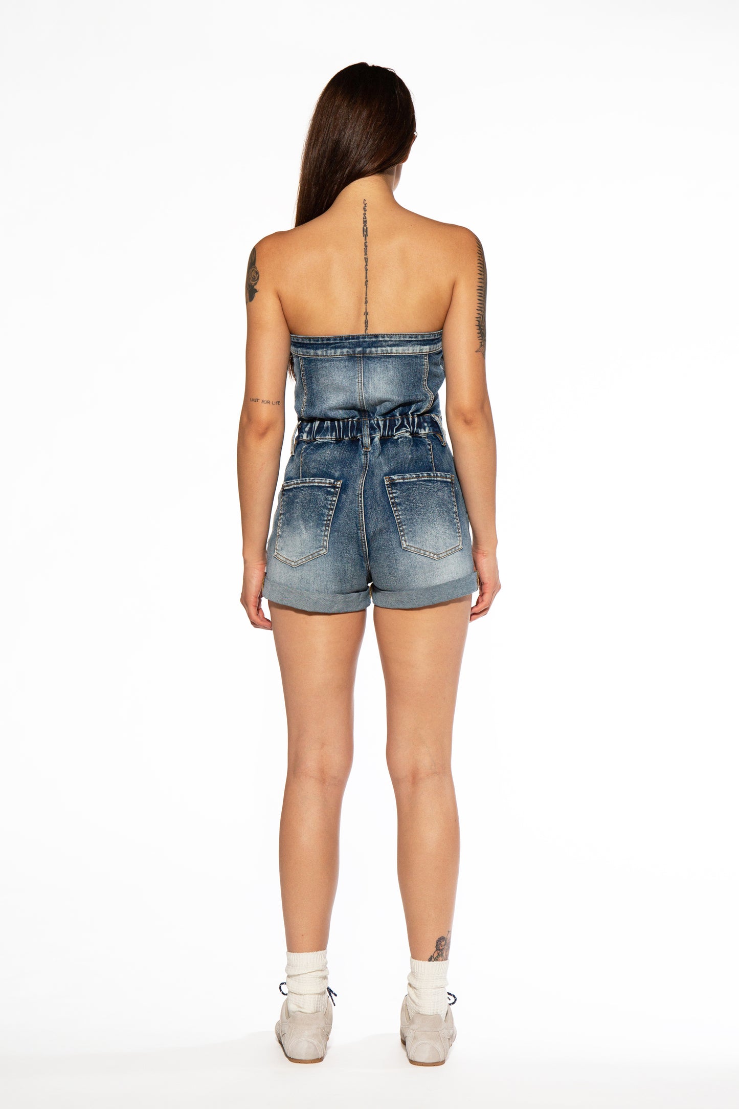 Cross Patch Tube Denim Romper