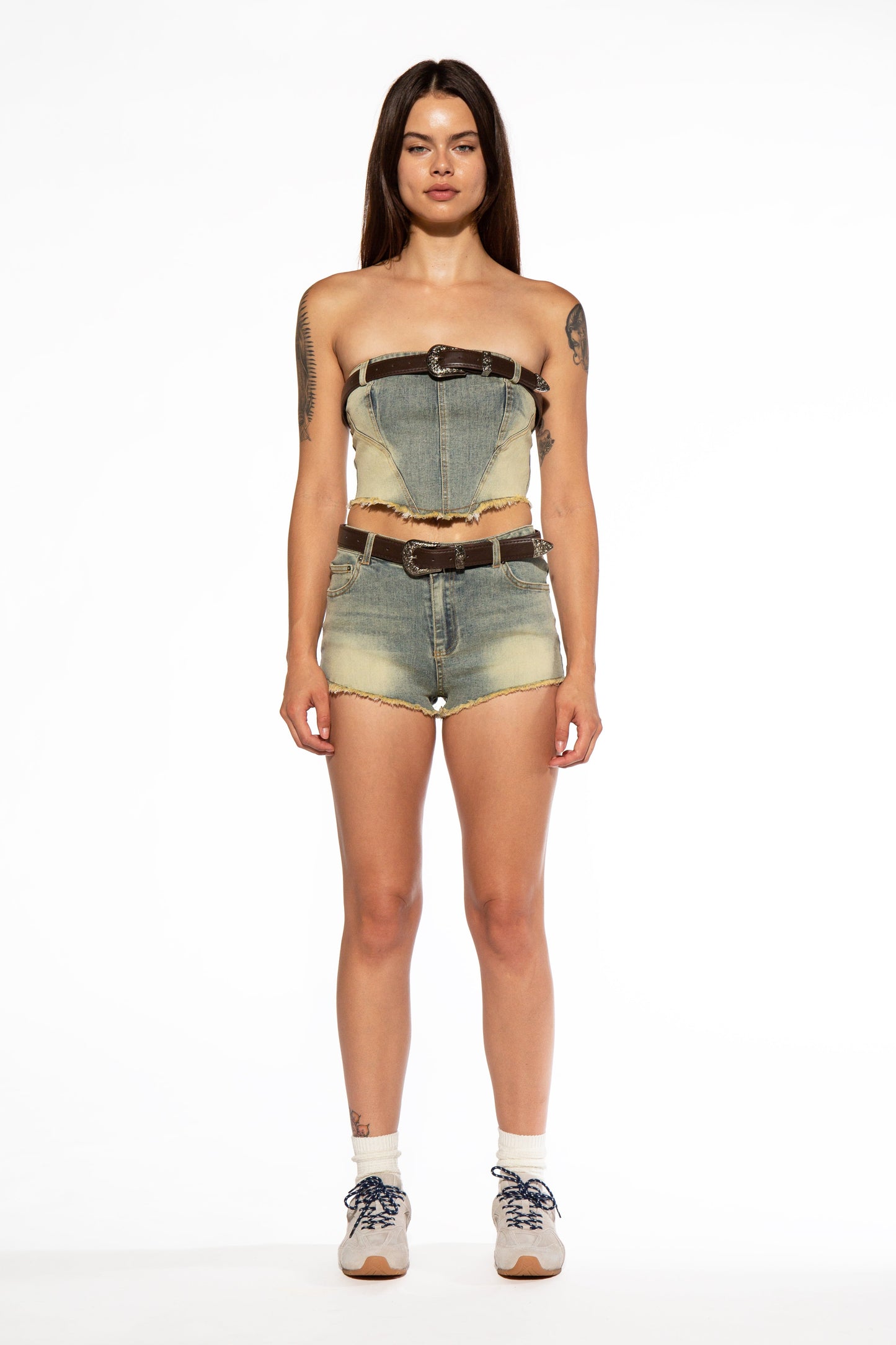 Raw Edge Belted Denim Corset Top