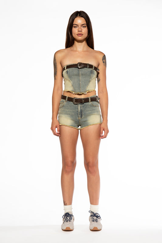 Raw Edge Belted Denim Micro Shorts