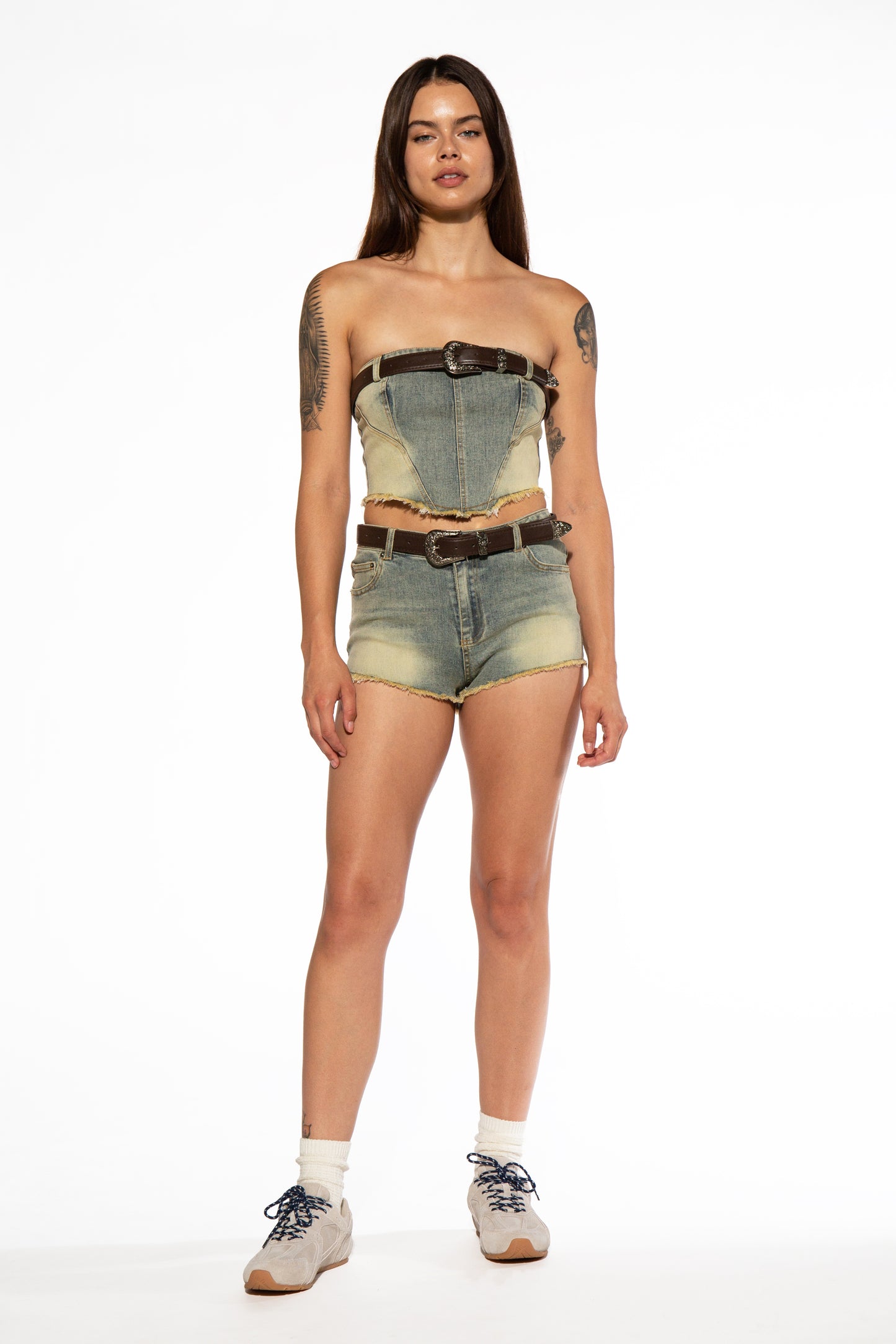 Raw Edge Belted Denim Micro Shorts