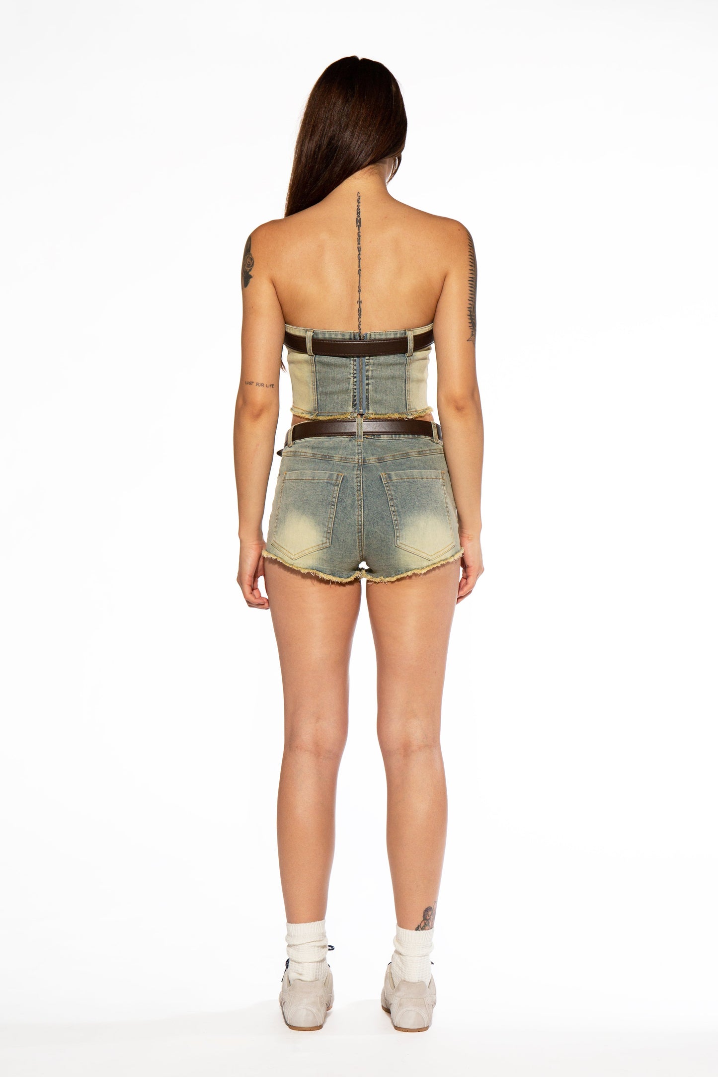 Raw Edge Belted Denim Corset Top