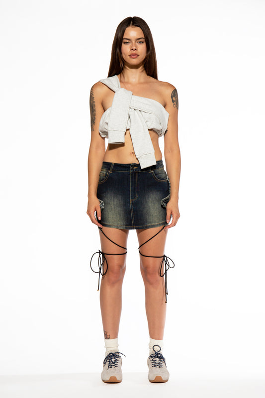 Star Patch Strap Denim Mini Skirt