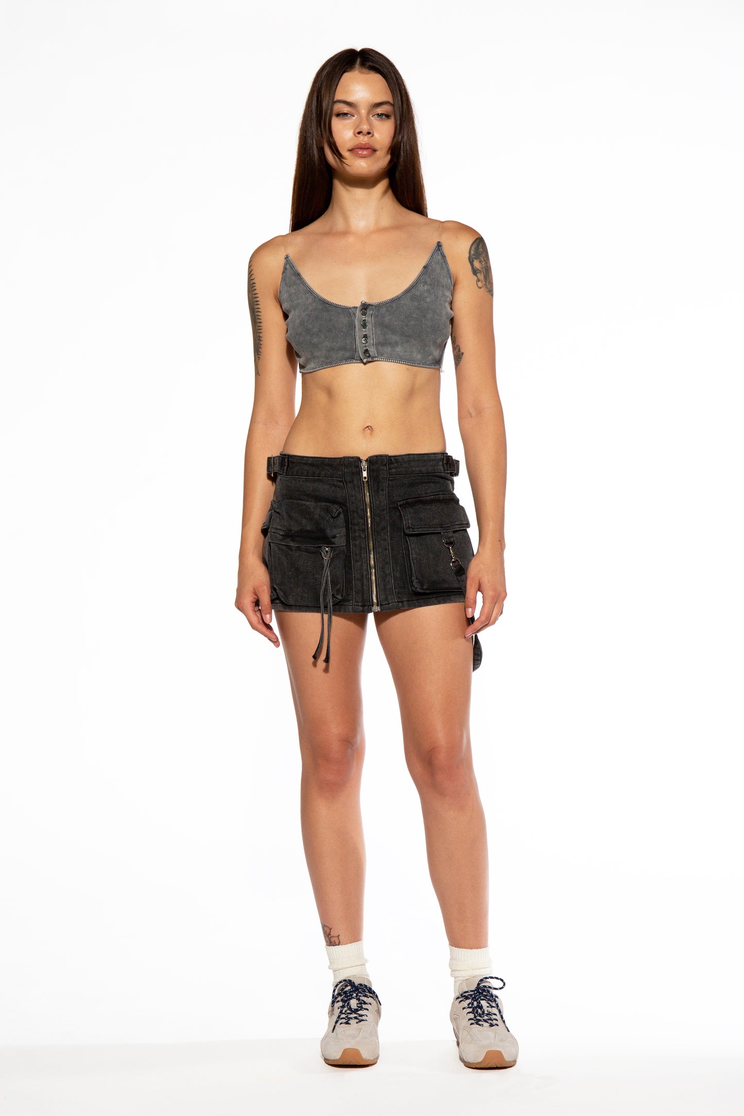 Cargo Pocket Strappy Denim Micro Mini Skirt