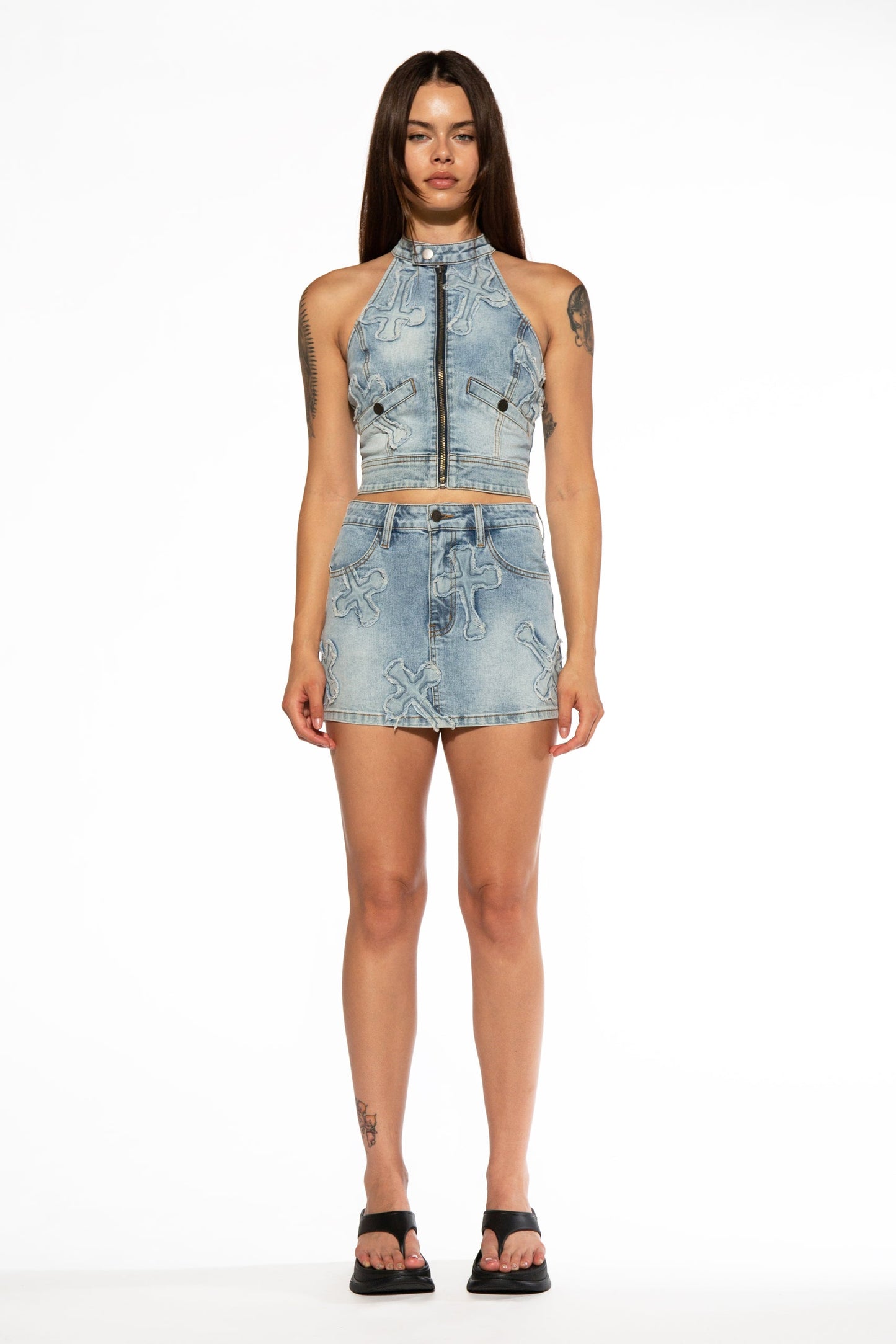 Cross Patch Halter Neck Denim Top