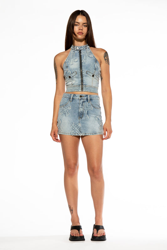 Cross Patch Halter Neck Denim Top