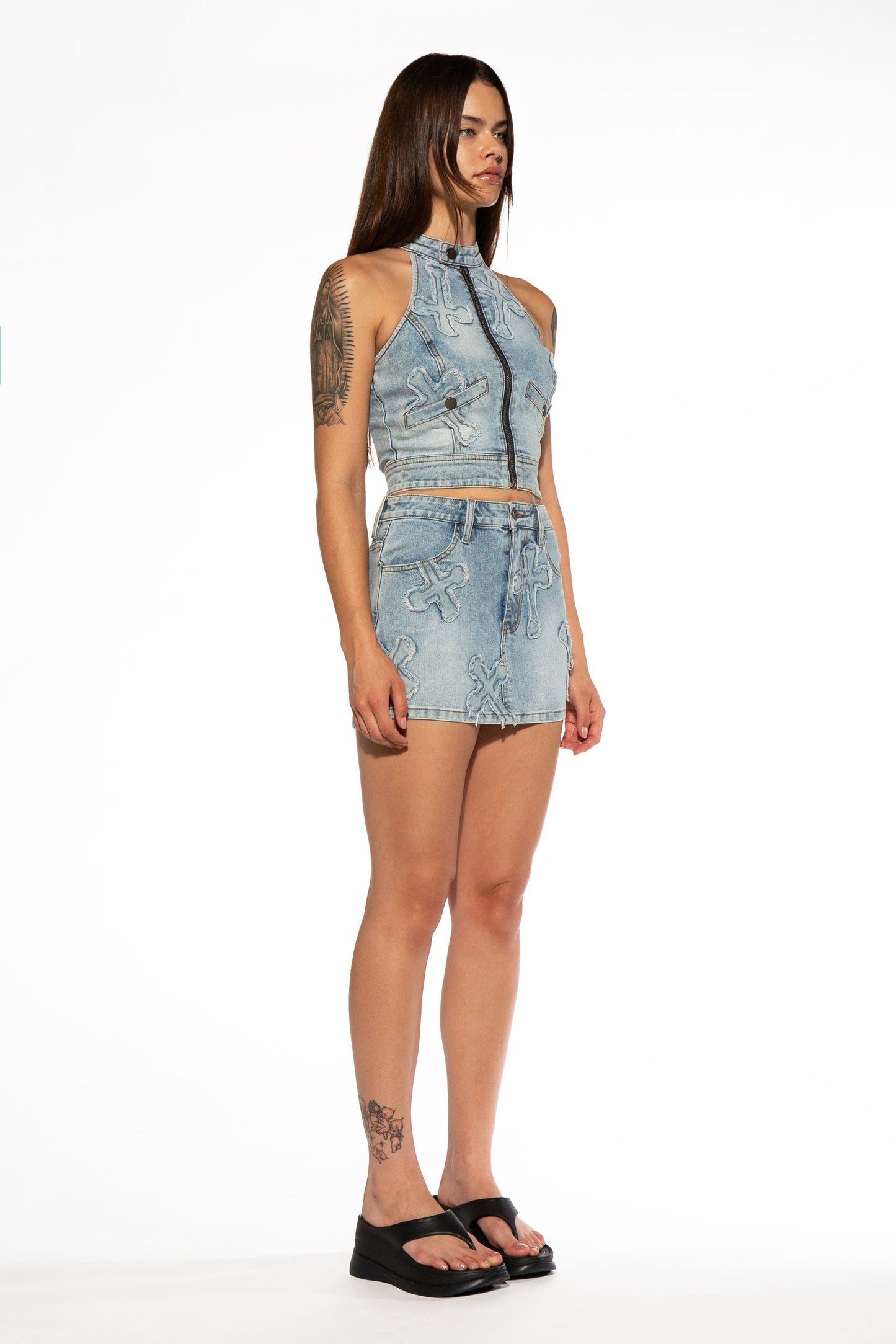 Cross Patch Halter Neck Denim Top