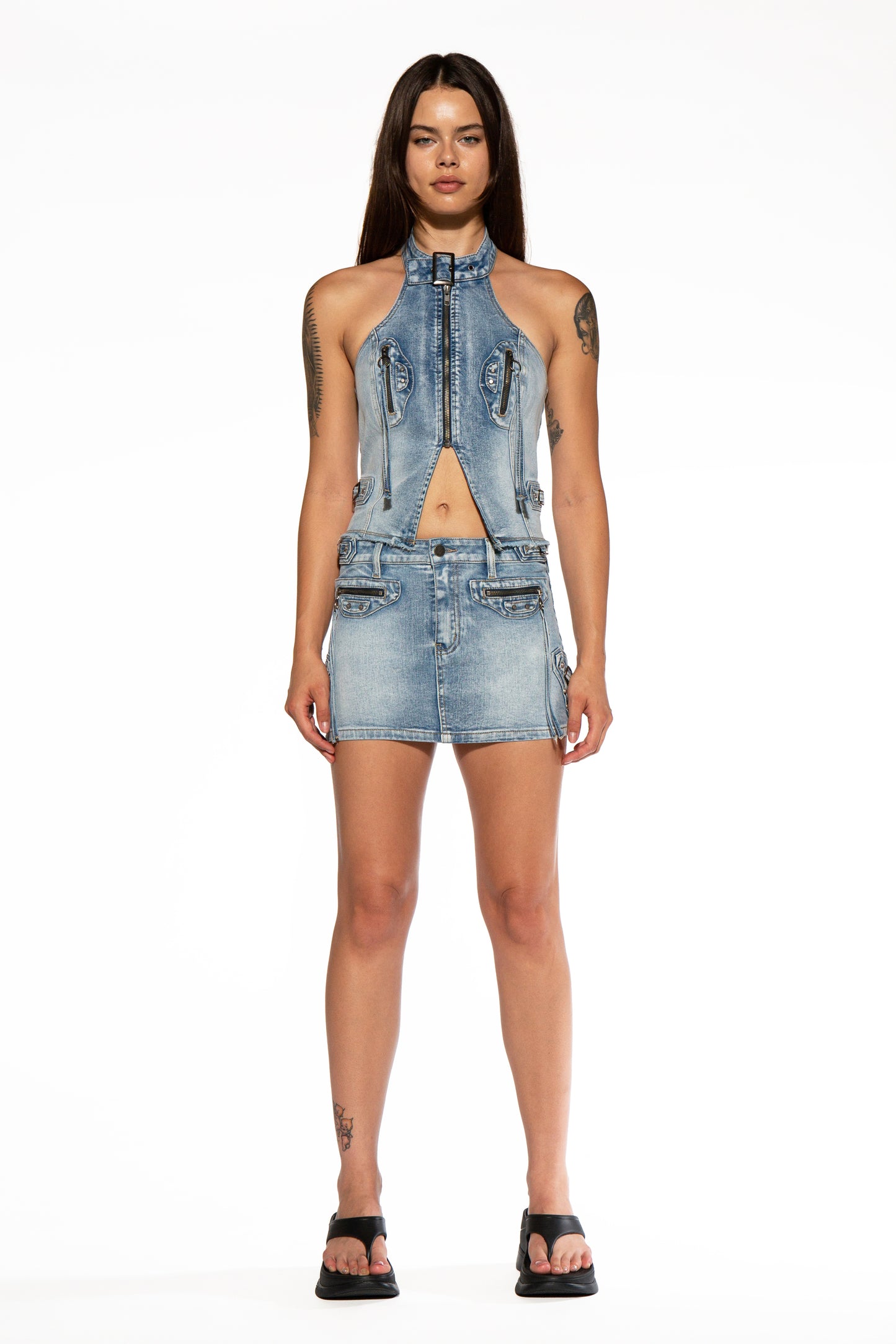 Studded Halter Neck Denim Top