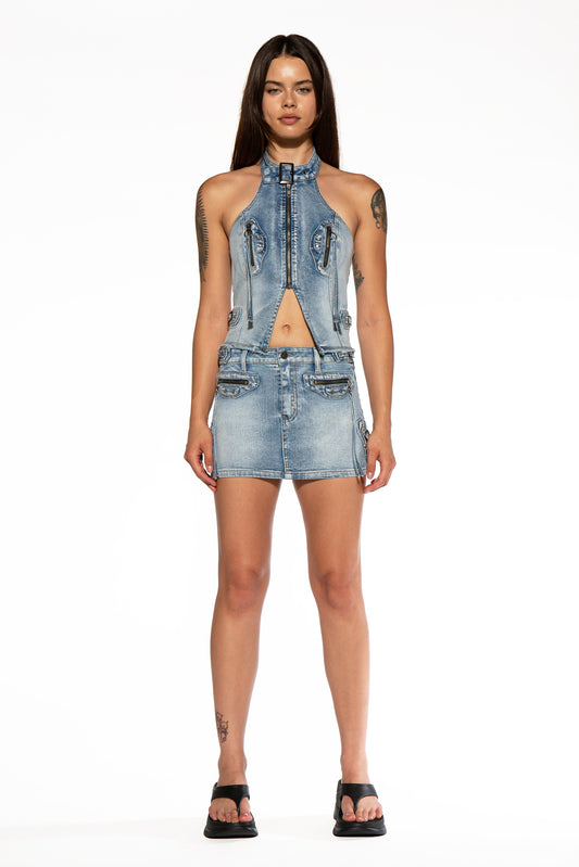 Studded Halter Neck Denim Top