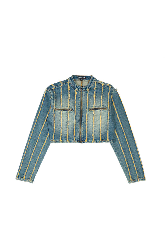 Frayed Vintage Tinted Denim Moto Jacket