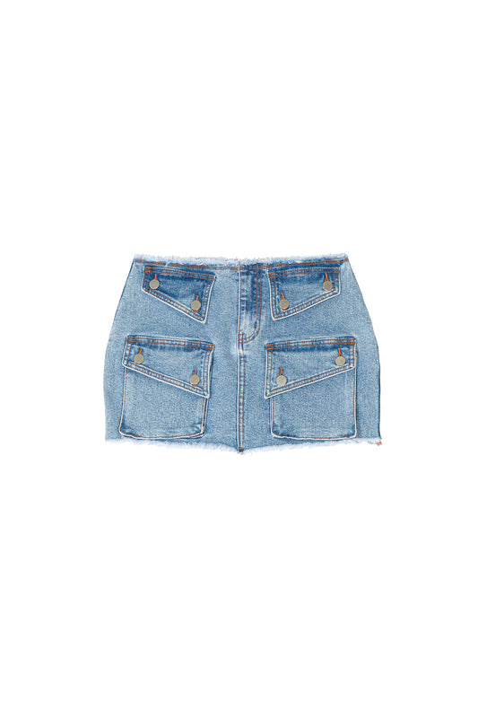 Raw Edge Cargo Denim Mini Skirt