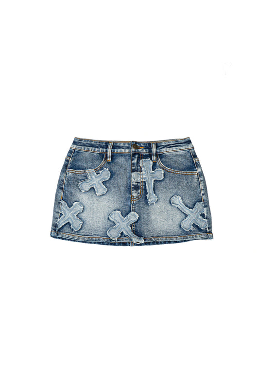 CROSS PATCH DENIM MINI SKIRT