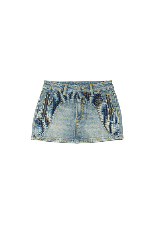 Ripple Vintage Washed Denim Moto Mini Skirt