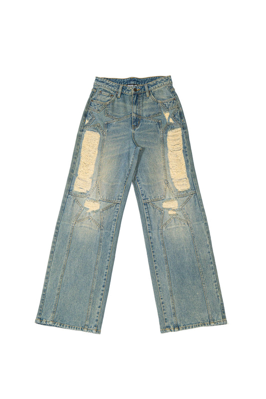 Distressed Star Knee Patch Vintage Wash Baggy Jeans