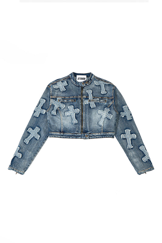 CROSS PATCH DENIM MOTO JACKET