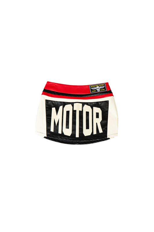 MOTOR LETTER FAUX LEATHER MINI SKIRT