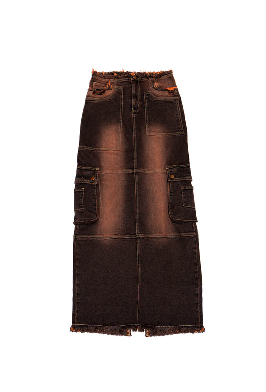 Color Tinted Cargo Denim Maxi Skirt