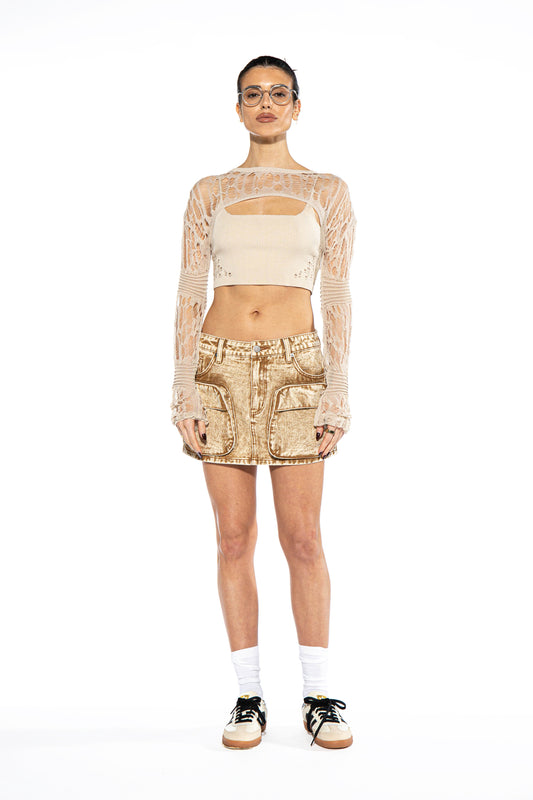 Acid Washed Twill Cargo Mini Skirt