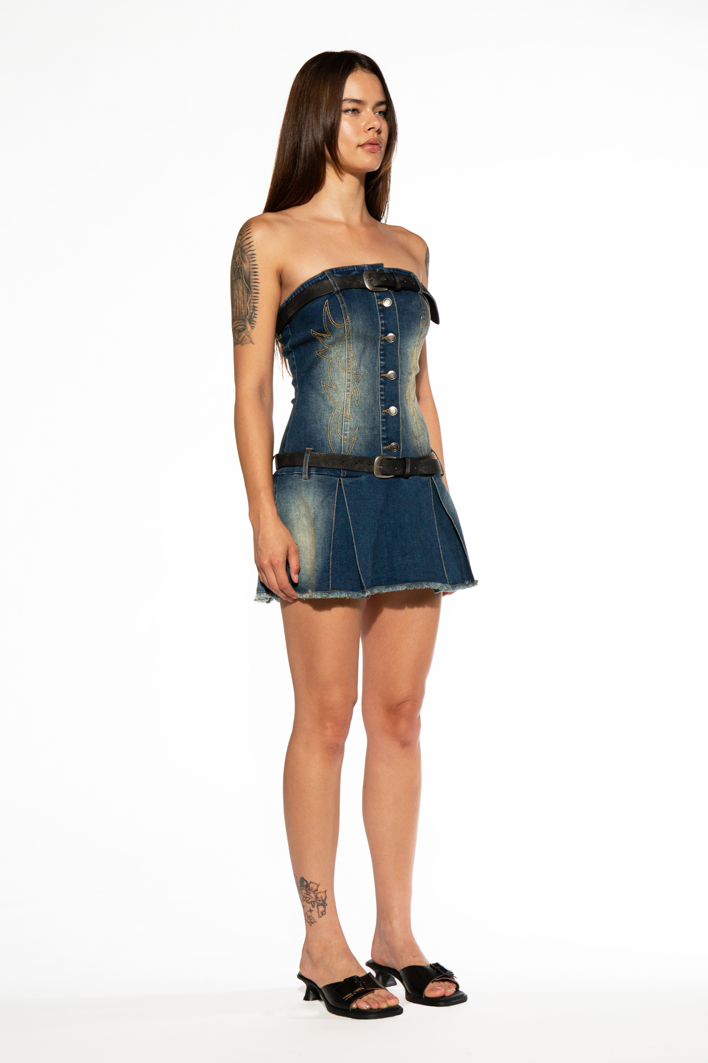 WESTERN EMBROIDERED DENIM PLEATED MINI DRESS