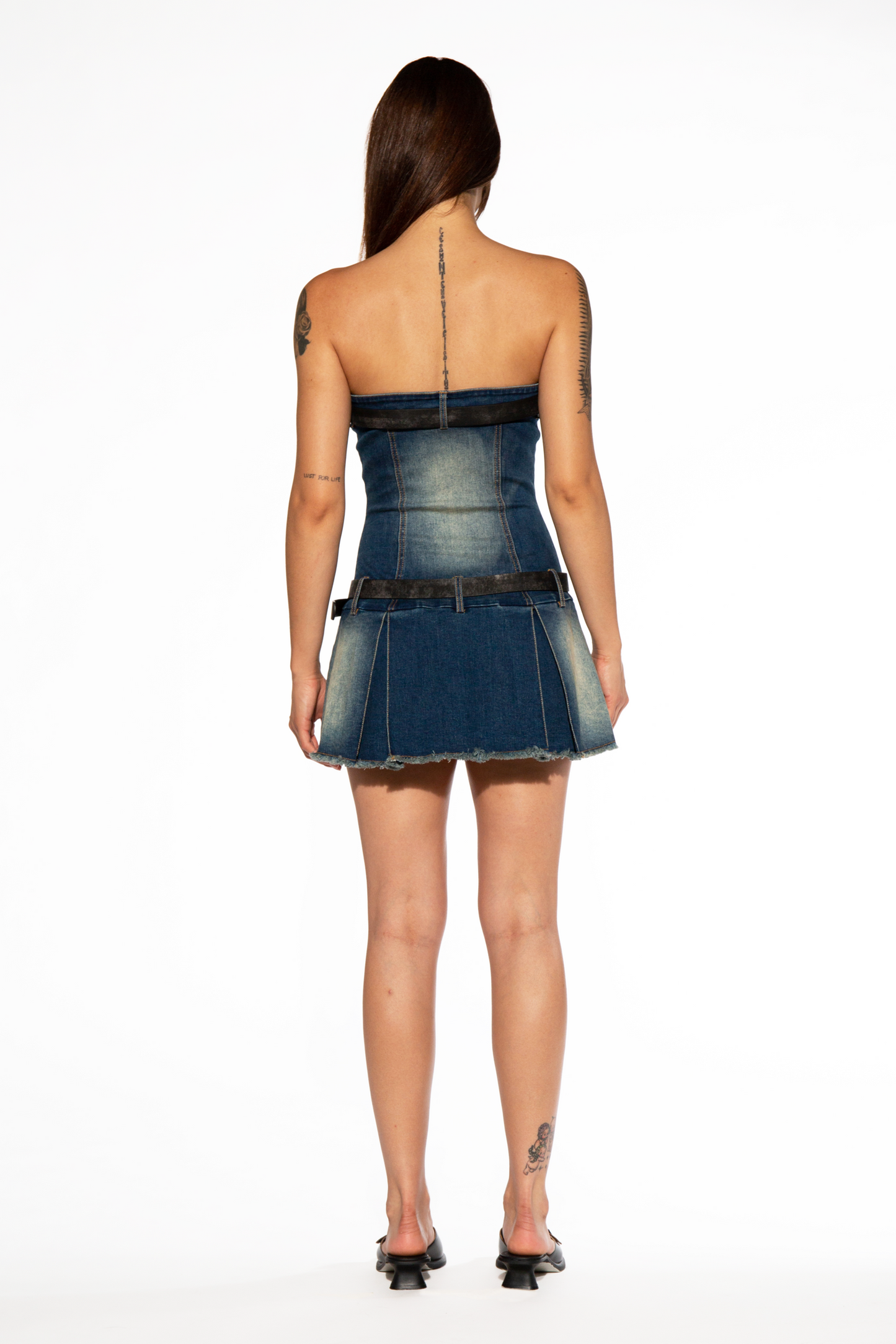 WESTERN EMBROIDERED DENIM PLEATED MINI DRESS