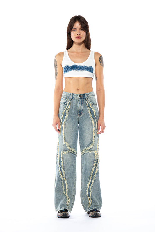 Fringed Pattern Washed Denim