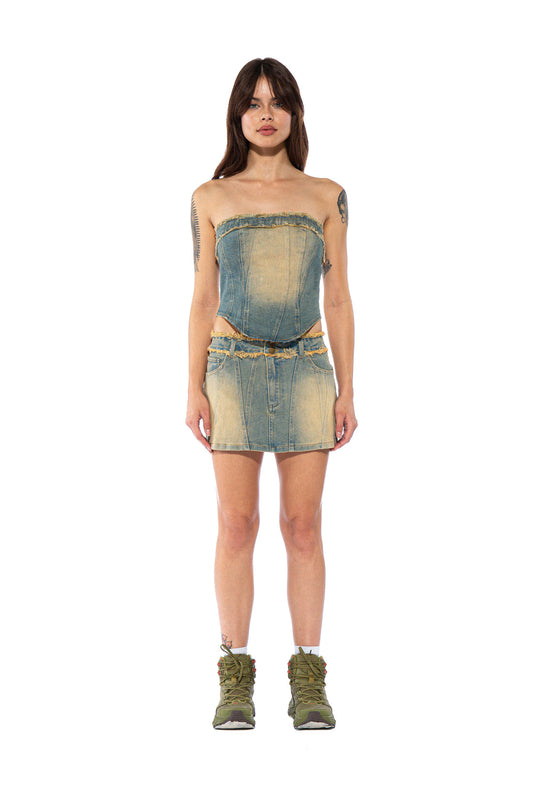 Vintage Wash Paneled Denim Mini Skirt