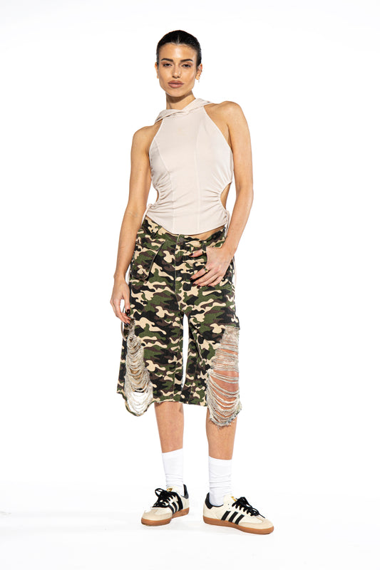 Distressed Camo Oversized Bermuda Shorts