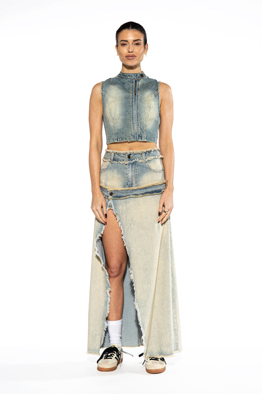 Double Layered Illusion Denim Maxi Skirt