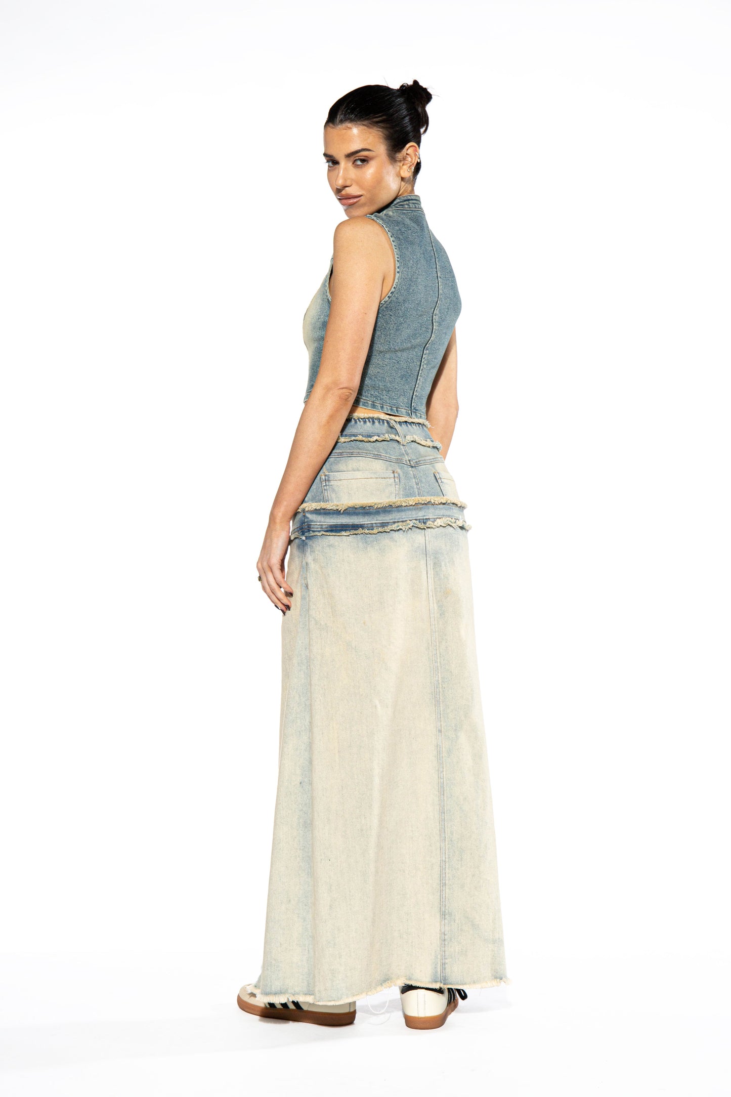 Double Layered Illusion Denim Maxi Skirt