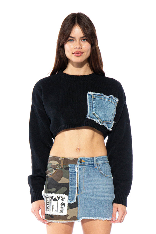 Denim Patch Crop Knit Sweater