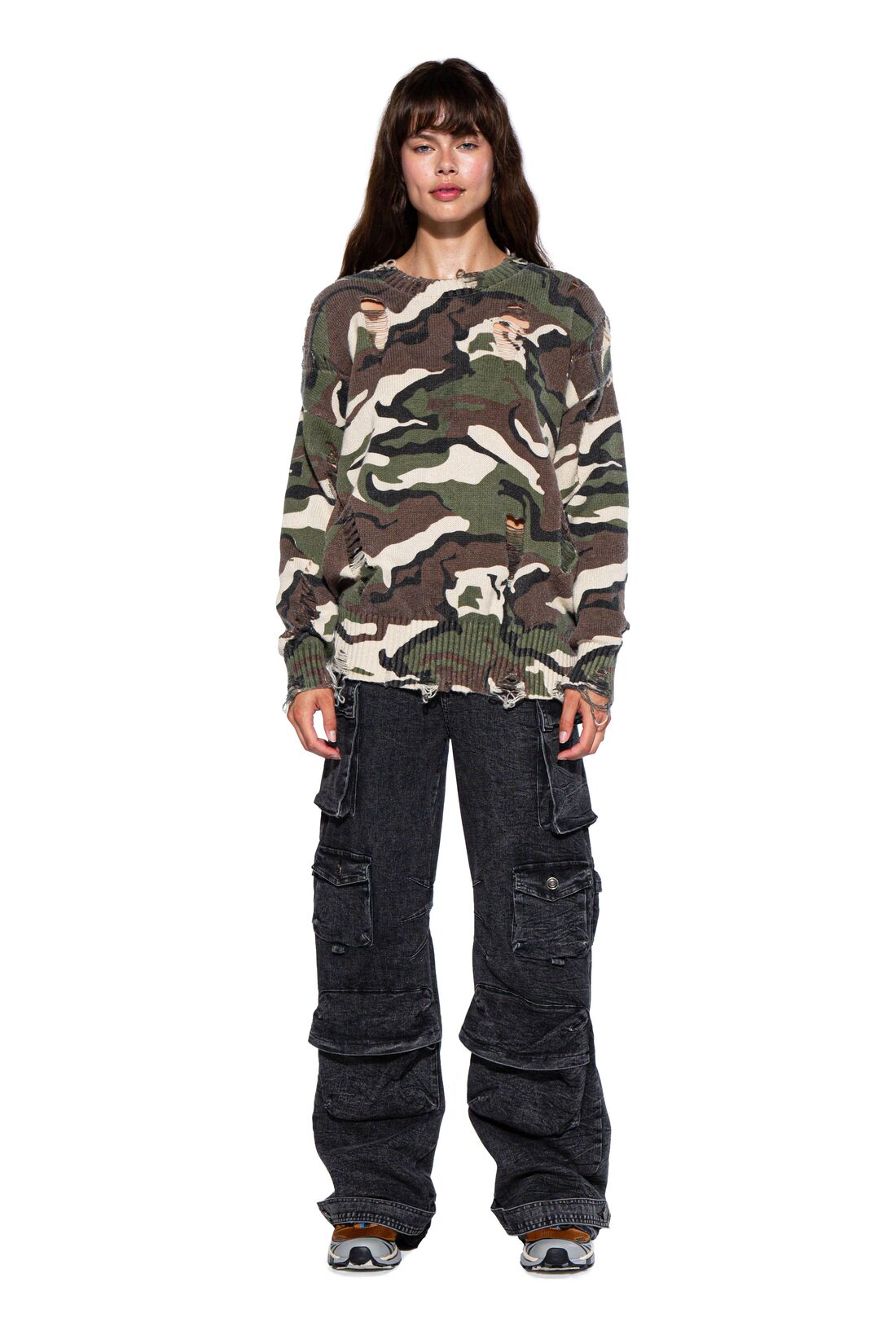 Camouflage Distressed Oversized Knit Sweater