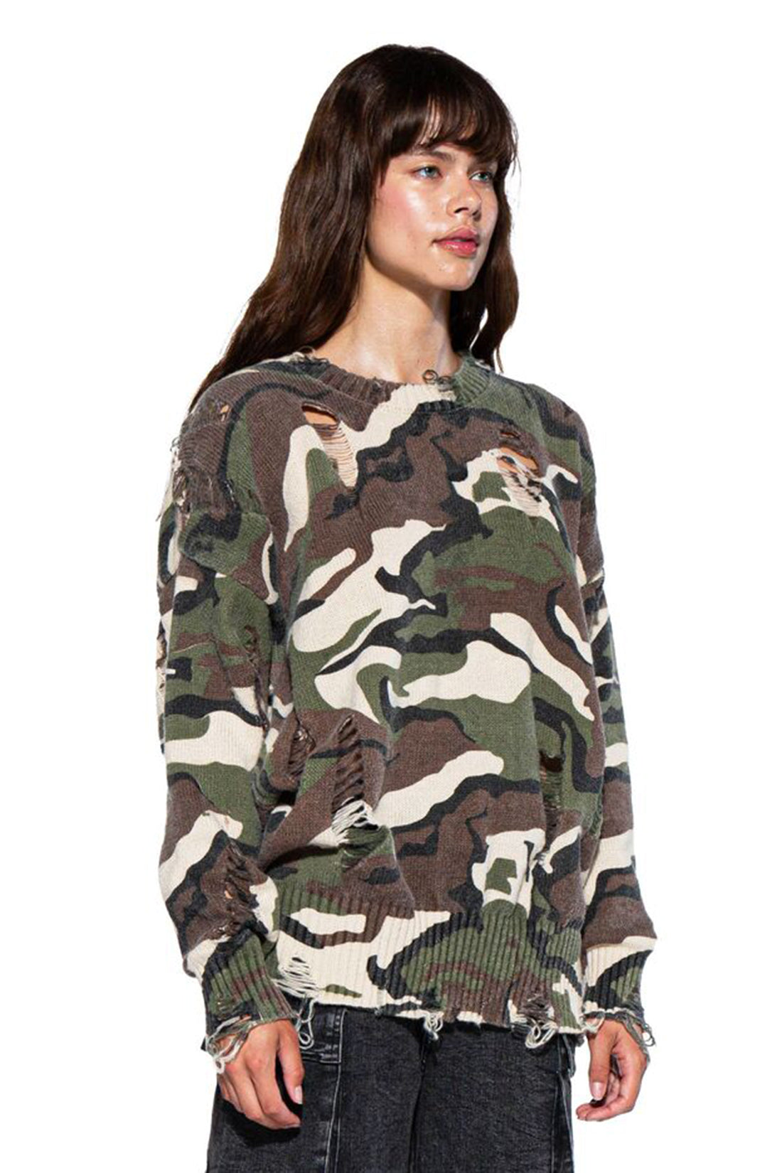 Camouflage Distressed Oversized Knit Sweater