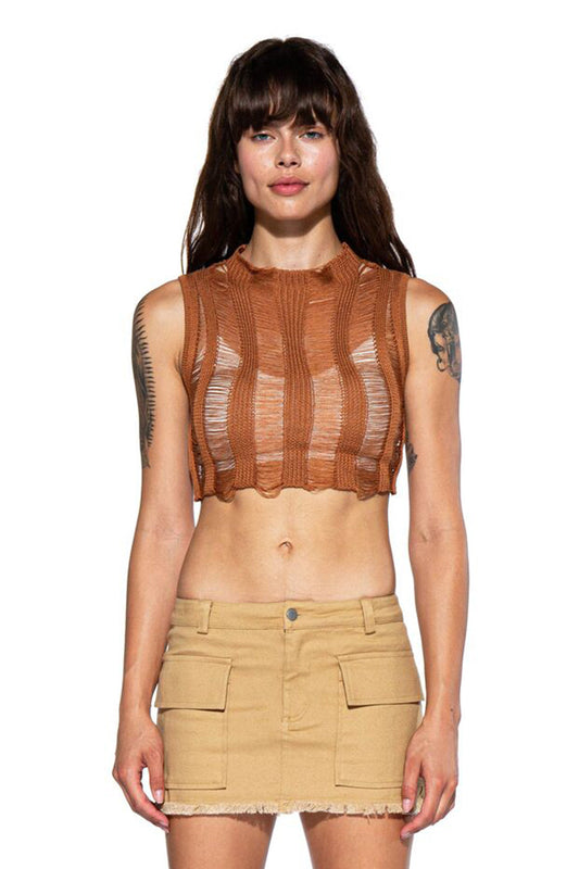 SHREDDED KNIT SWEATER SLEEVELESS CROP TOP