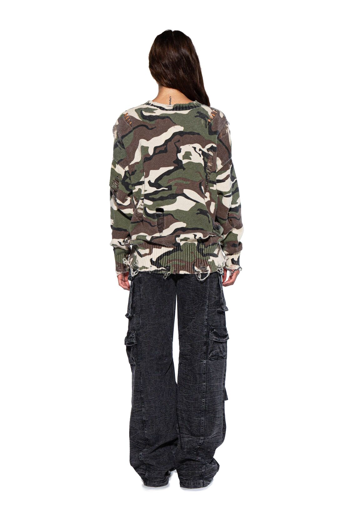 Camouflage Distressed Oversized Knit Sweater