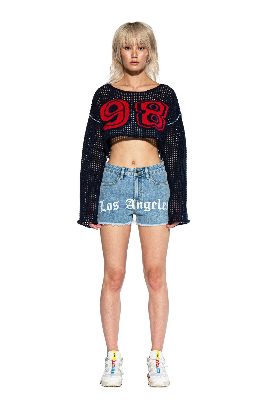 LOS ANGELES PRINTED FRAYED HEM DENIM SHORTS - Afterhour