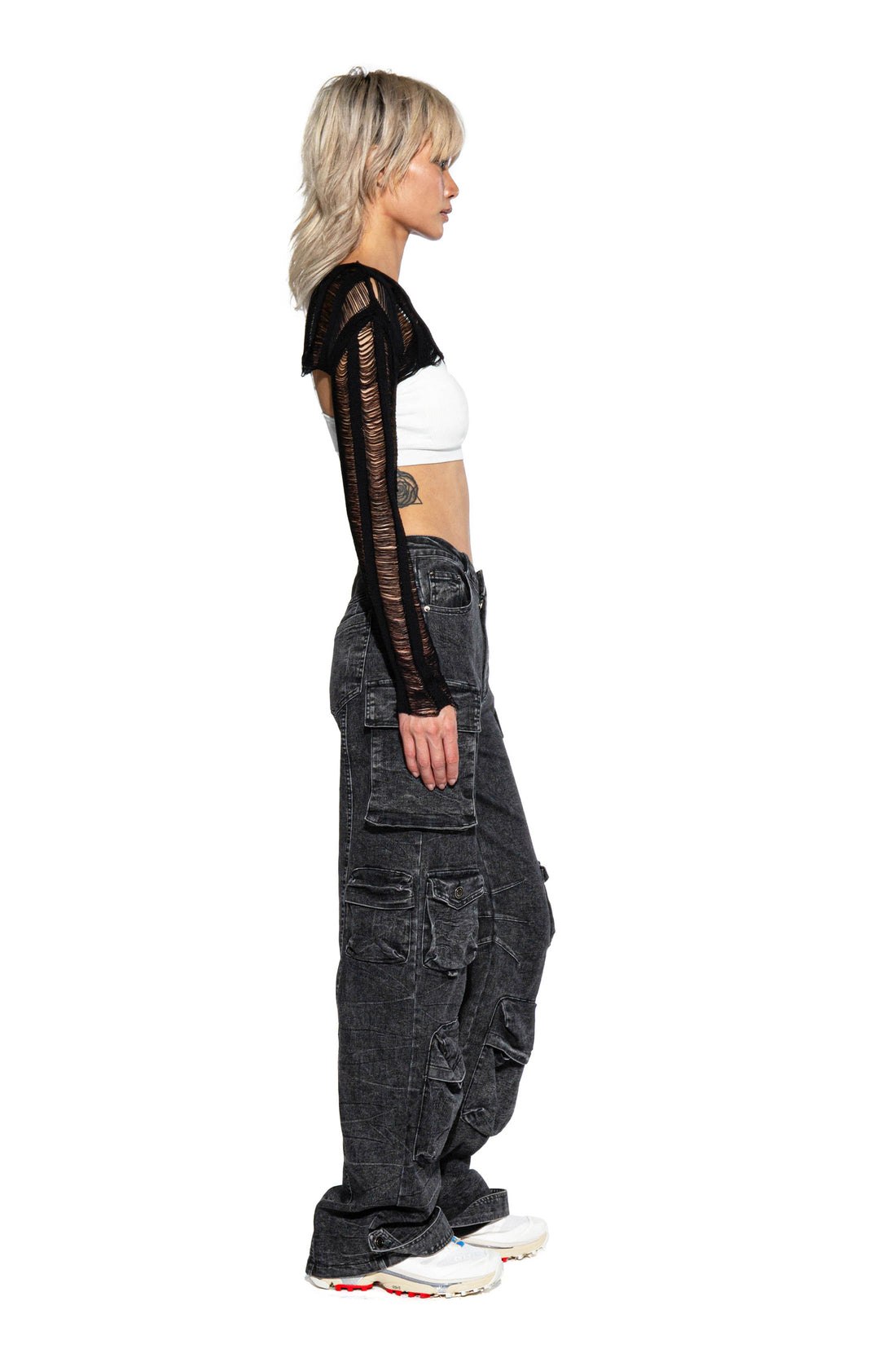 VINTAGE EFFECT BLACK DENIM CARGO PANTS - Afterhour