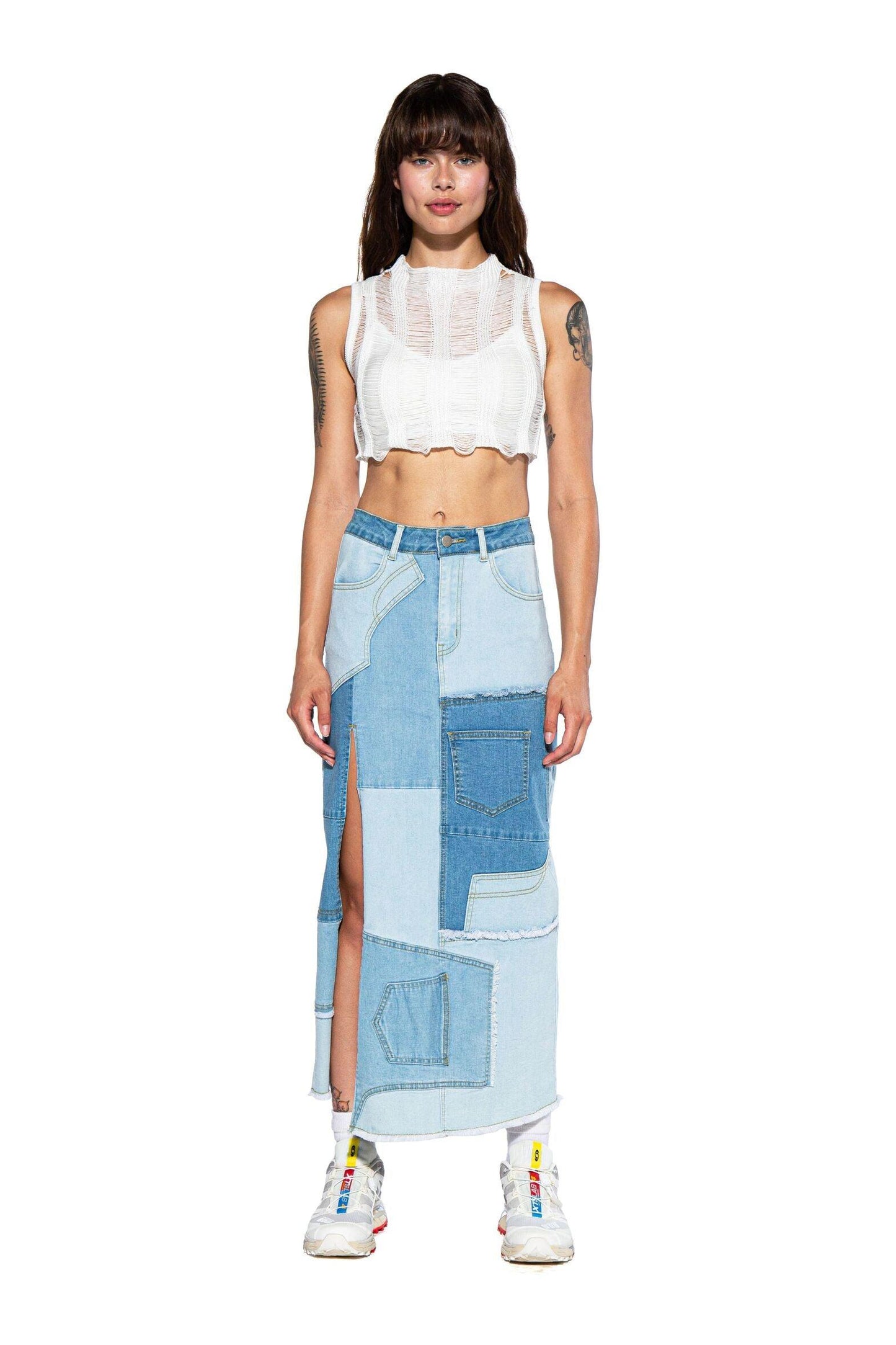 Patchwork Denim Maxi Skirt - Afterhour