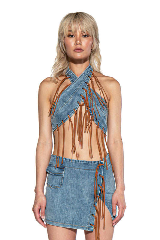 Denim Fringed Crop Top