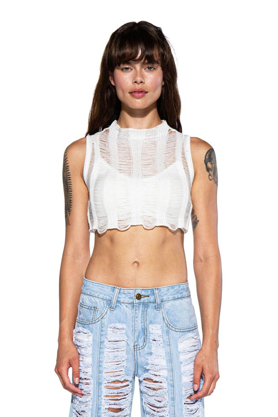 SHREDDED KNIT SWEATER SLEEVELESS CROP TOP