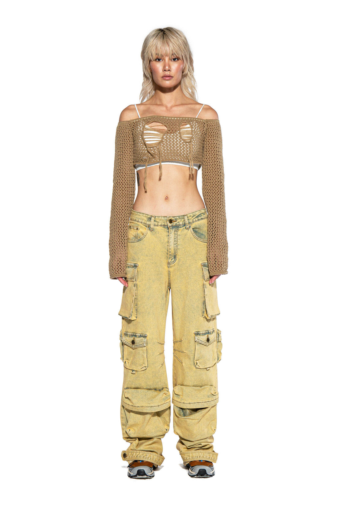 OFF SHOULDER CROCHET KNIT SWEATER